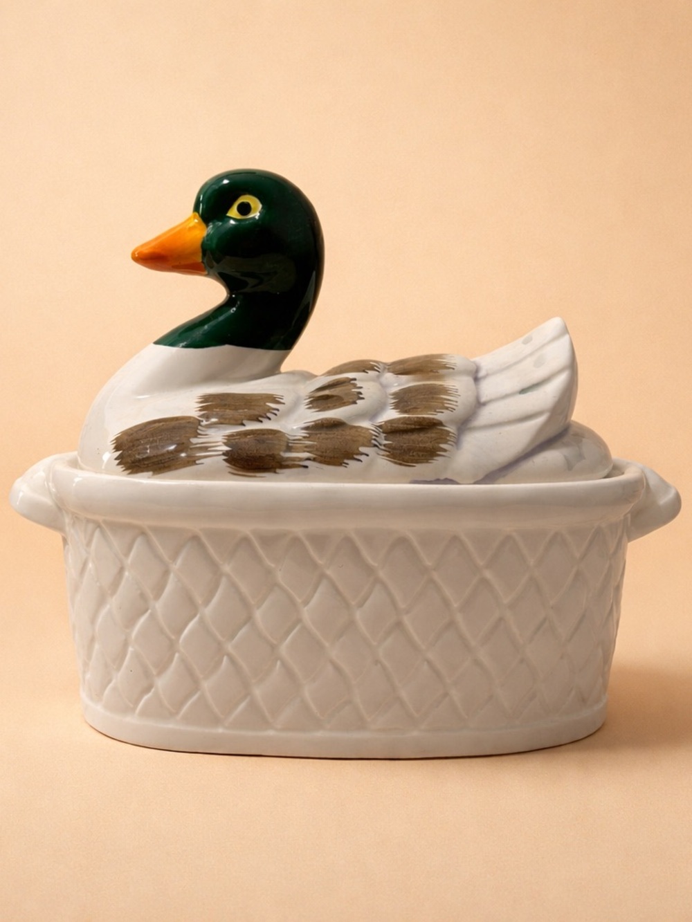 Vintage 1960’s mallard duck on basket ceramic tureen